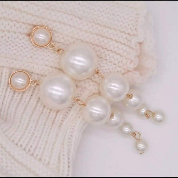 NEW Bohemian Big Faux Pearls String Dangle Long Stud Earrings 3.5” Lenght - Picture 8 of 10